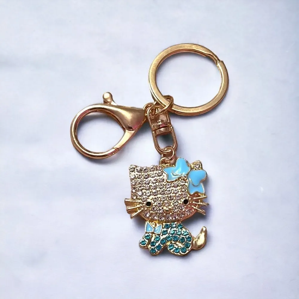 Hello Kitty Blue Gold Rhinestone Keychain NWT